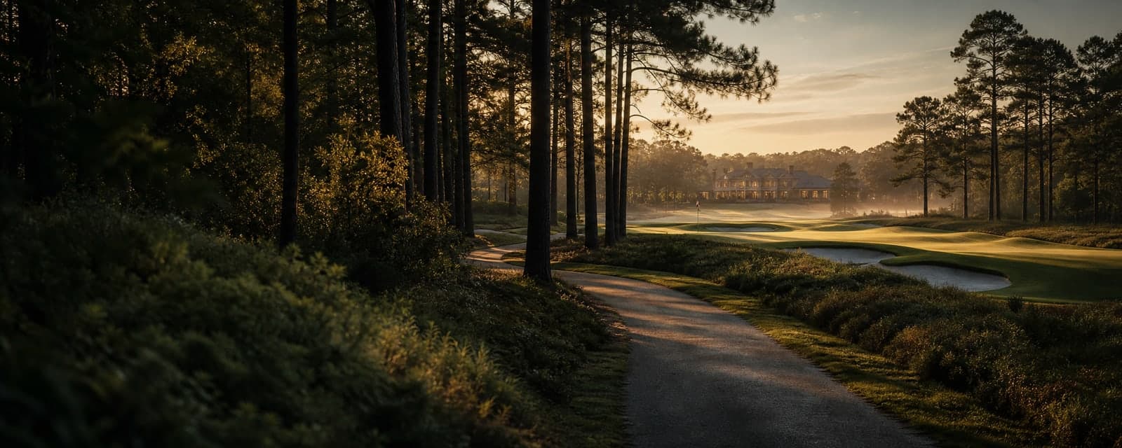 Aftenlys over en skovsti langs golfbanen